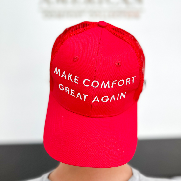 Red American Comfort "Make Comfort Great Again" Trucker Hat - Embrace Comfort and Style