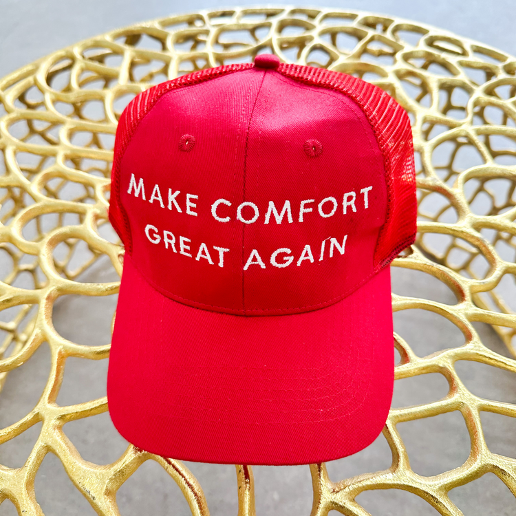 Red American Comfort "Make Comfort Great Again" Trucker Hat - Embrace Comfort and Style