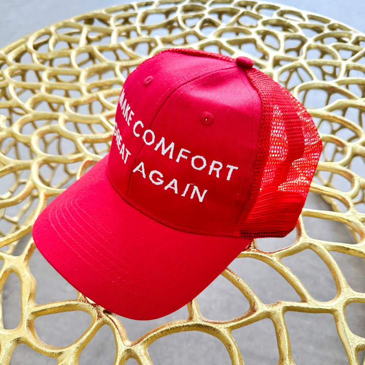 Red American Comfort "Make Comfort Great Again" Trucker Hat - Embrace Comfort and Style
