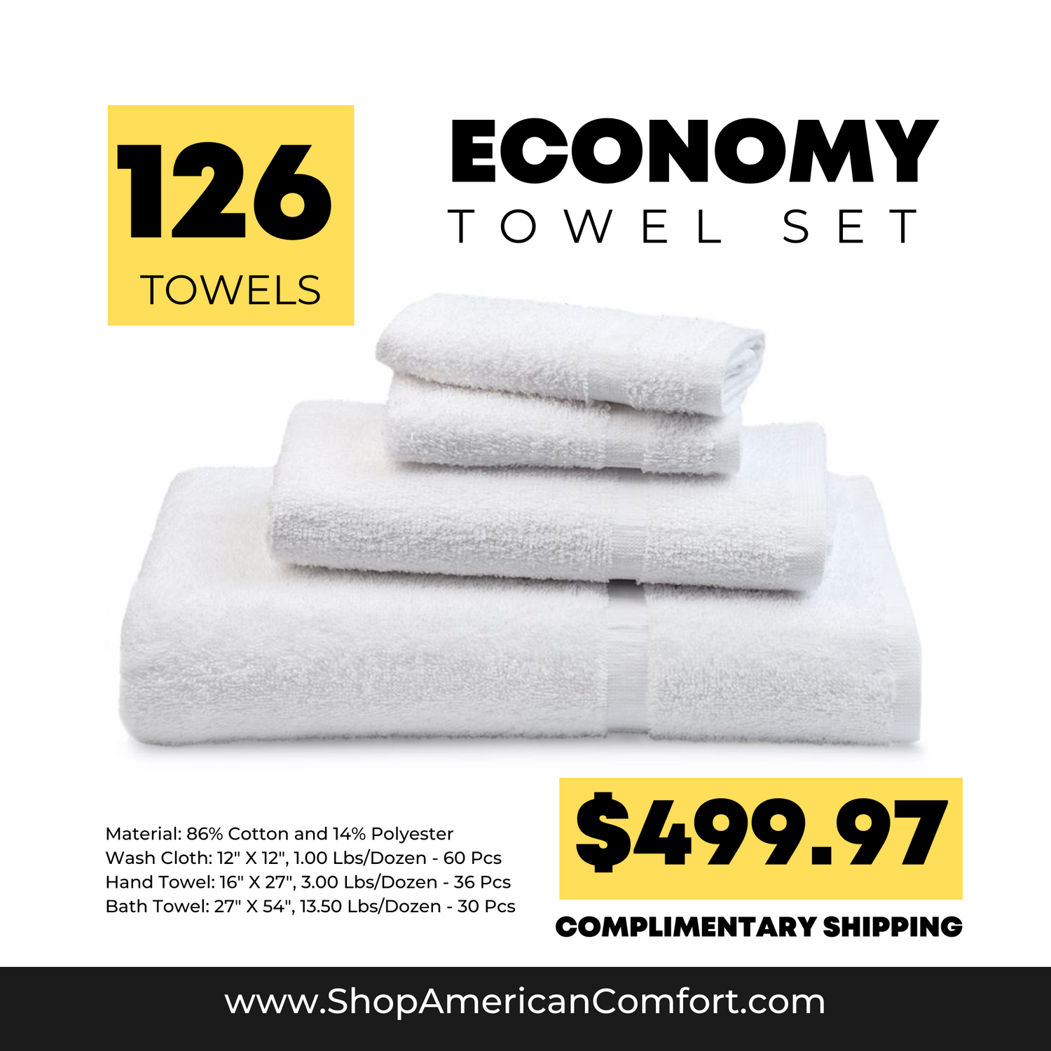 Economy Towel Set, 126 Towels, Bath Towels, Hand Towels, and Washcloth –  American Comfort Luxury Linens